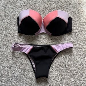 Victoria's Secret Strapless Colorblock Bikini - Pink, Coral & Black